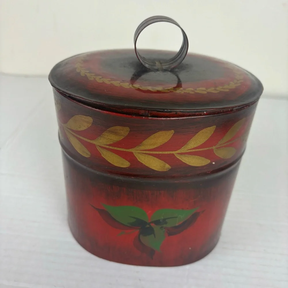 Vintage toile hand-painted tin oval box-signed-grape design